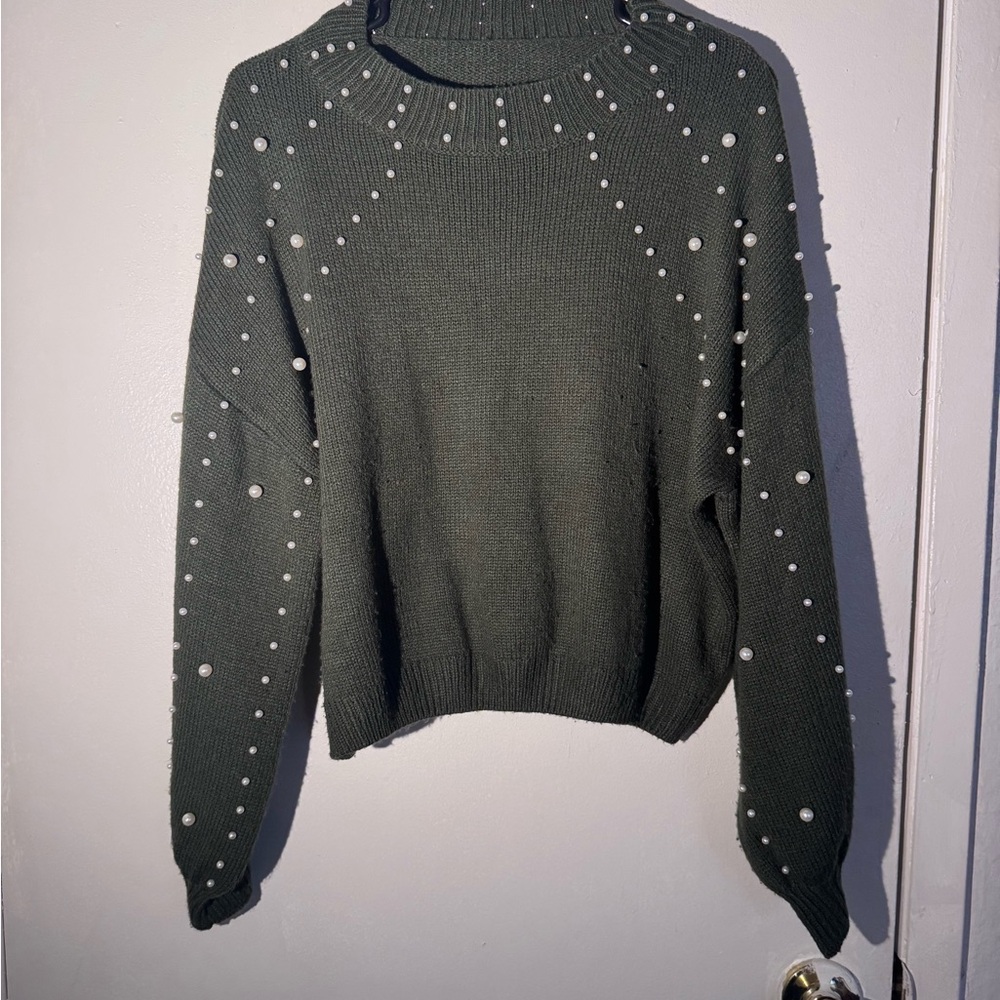 Elegant Pearl-Embellished Green Sweater
